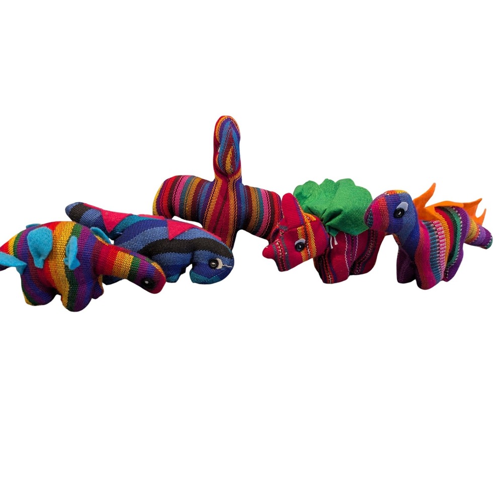 Handmade Guatemalan Cotton Dinosaur Plush Set 5pc Rainbow Striped Folk Art Toys